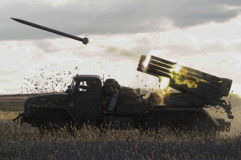 Ukrainian forces in Bakhmut, in the eastern Donetsk region, fire Grad rockets at Russian positions