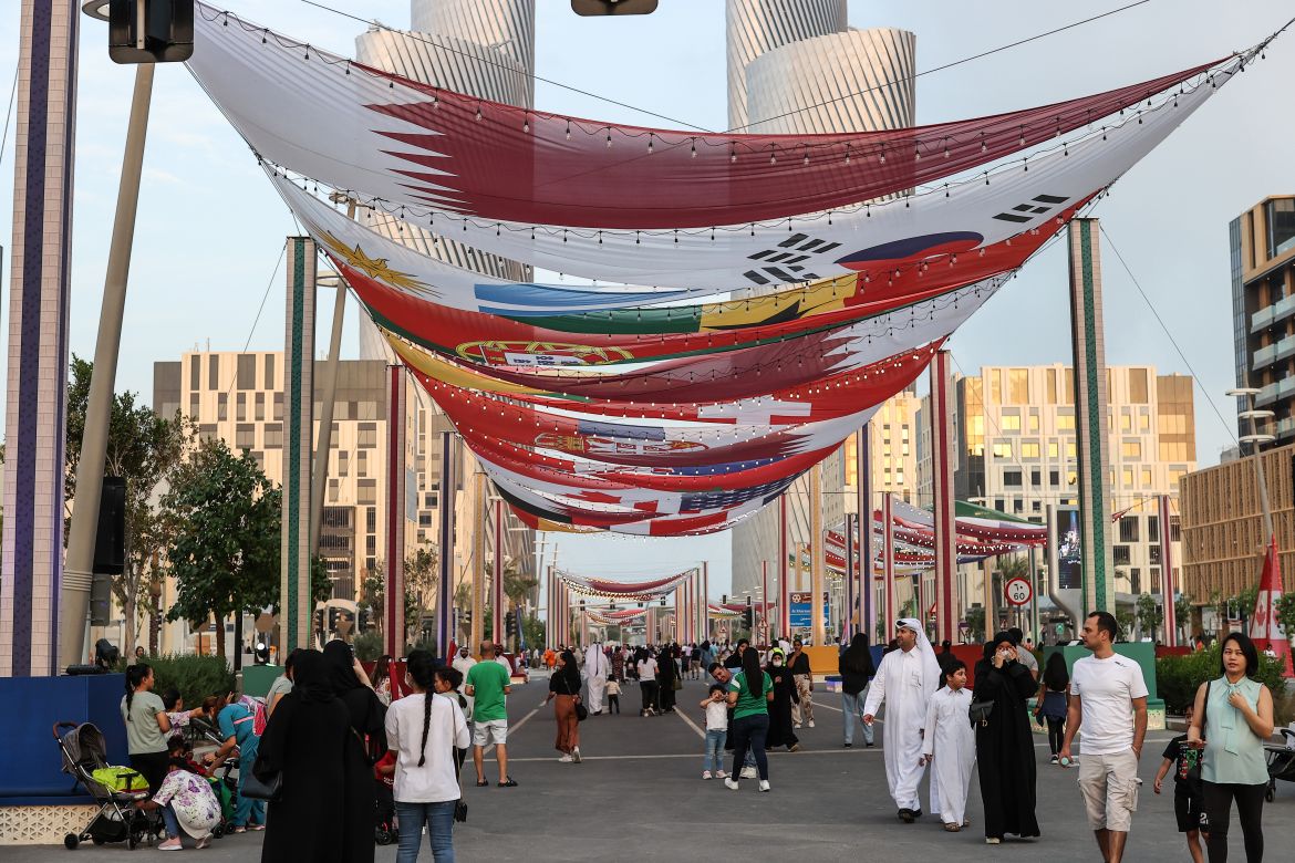 Locals and foreigners walking on Lusail boulevard ahead of the World Cup