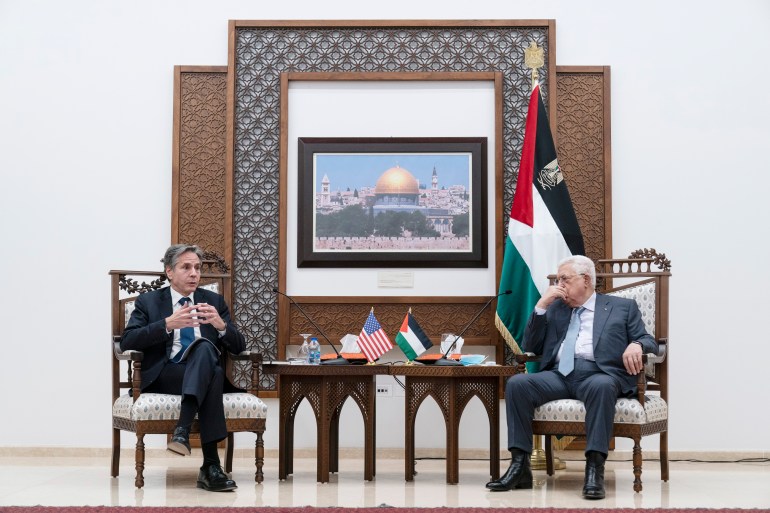 Secretary of State Antony Blinken meets Palestinian President Mahmoud Abbas in the West Bank city of Ramallah in May 2021.