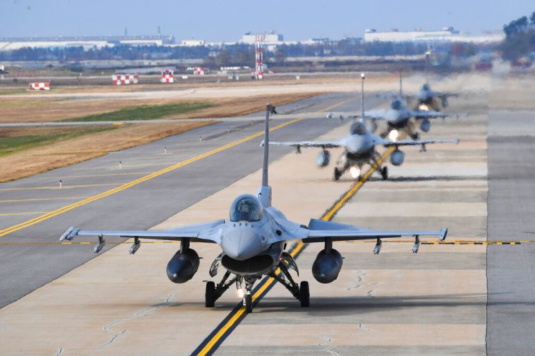 South Korean Air Force KF-16 fighters prepare to take off during a joint aerial drills called Vigilant Storm between U.S and South Korea, in Gunsan, South Korea, on October 31, 2022 [South Korea Defence Ministry via AP]