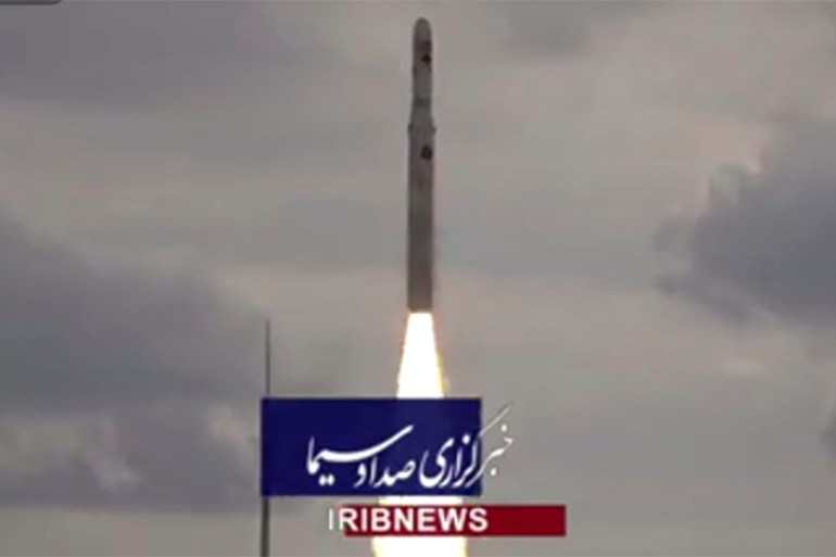 This image taken from video footage aired by Iranian state television on Saturday, Nov. 5, 2022, shows the launch of a satellite carrier