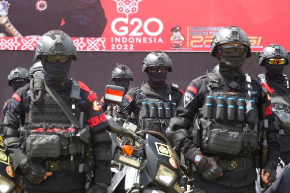 Indonesian police line up during a security parade on November 7, 2022 in preparation for the G20 meeting in Bali, Indonesia.
