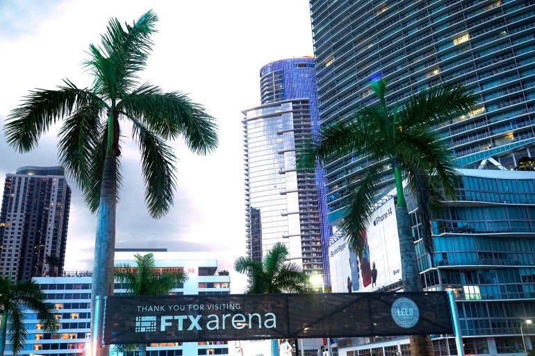 Signage for the FTX Arena, where the Miami Heat basketball team plays, is visible