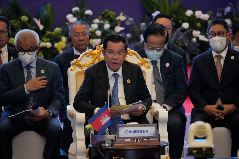 Cambodian Prime Minister Hun Sen addresses during the second Southeast Asian Nations (ASEAN) Global Dialogue in Phnom Penh, Cambodia, Sunday, Nov. 13, 2022. (AP Photo/Anupam Nath)
