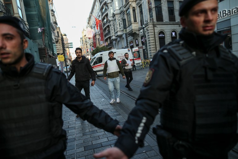 Security and ambulances at the scene after an explosion on Istanbul's popular pedestrian area.