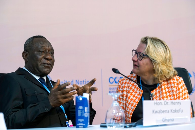 Henry Kwabena Kokofu, of Ghana, left, and Svenja Schulze, of Germany, talk at a session at the COP27