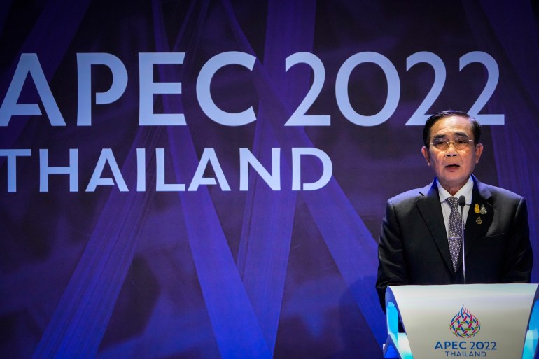 Thailand's Prime Minister Prayuth Chan-ocha addresses a press conference during the Asia-Pacific Economic Cooperation, APEC summit, Saturday, Nov. 19, 2022, in Bangkok, Thailand. (AP Photo/Anupam Nath)