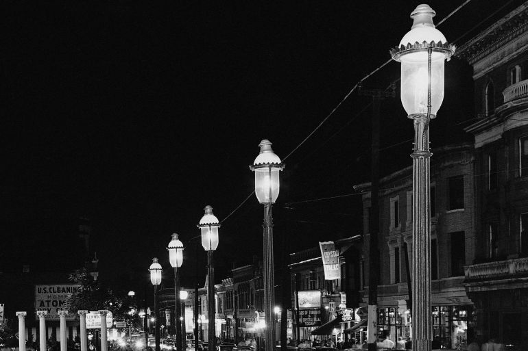 gas lamps along a street