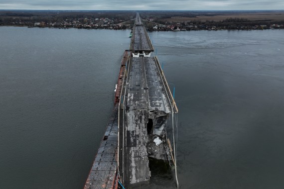 General view of the damaged Antonivsky Bridge in Kherson, Ukraine,