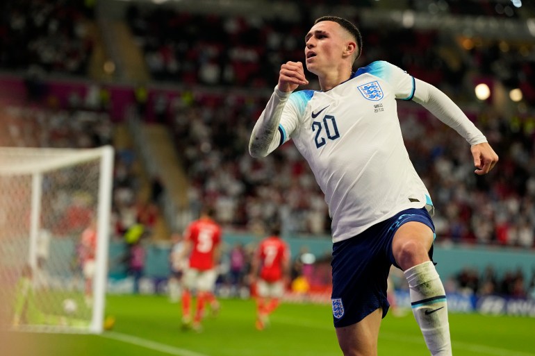England's Phil Foden celebrates after scoring his side's second goal