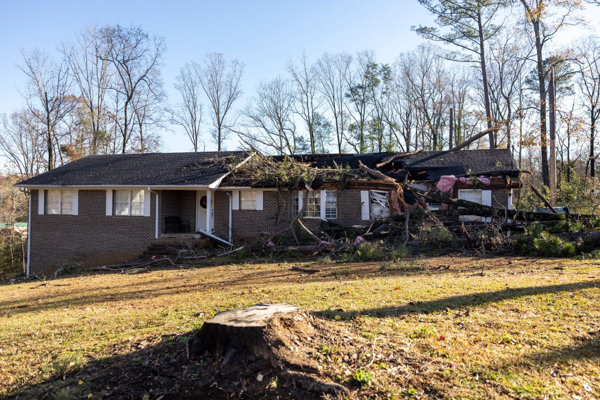 Part of Patti Beeker's house is damaged as a result of severe weather in the area.