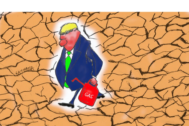 Cartoon depicting a white man walking through a desert holding a gas bucket