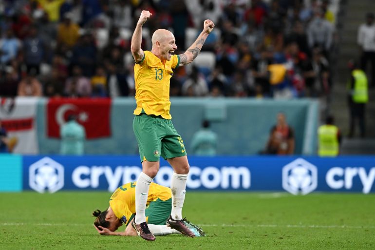 Mooy of Australia celebrates after the1-0 win during the FIFA World Cup Qatar 2022 Group D match between Australia and Denmark at Al Janoub Stadium on November 30, 2022 in Al Wakrah, Qatar