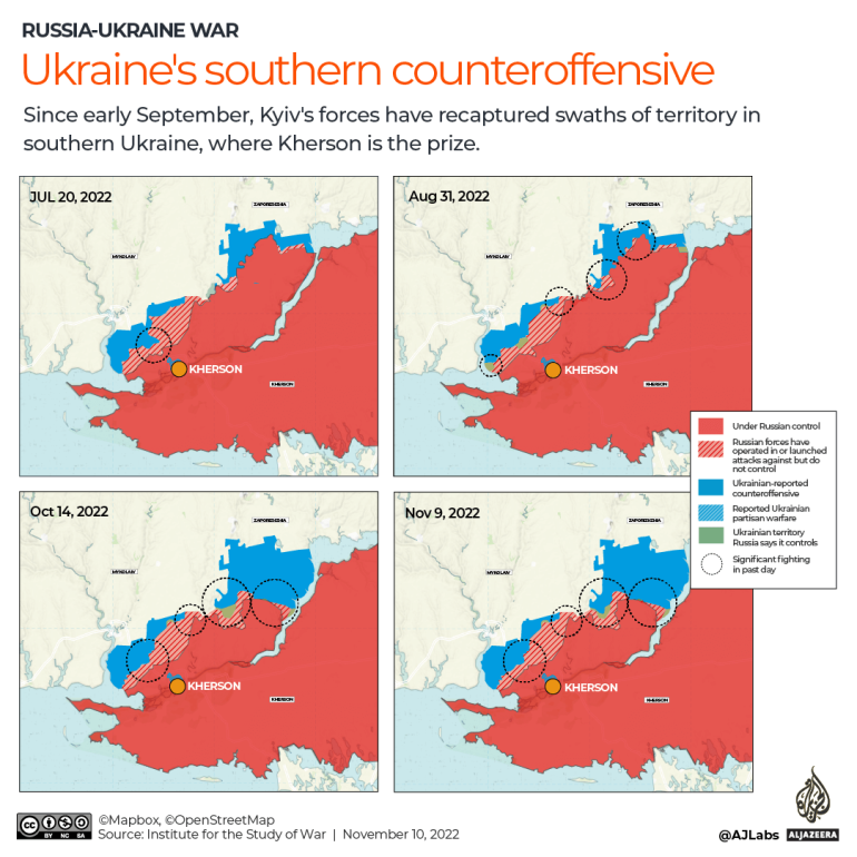 Een kaart met het Zuid-Oekraïense tegenoffensief