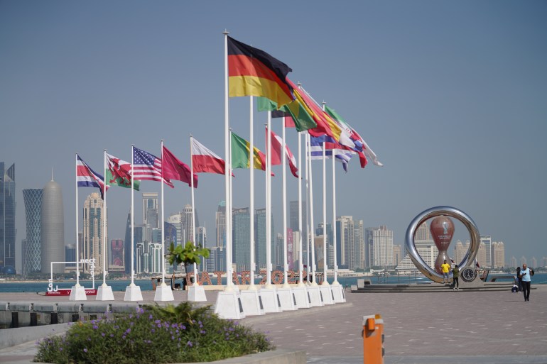 A view of World Cup team flags in Doha, Qatar.