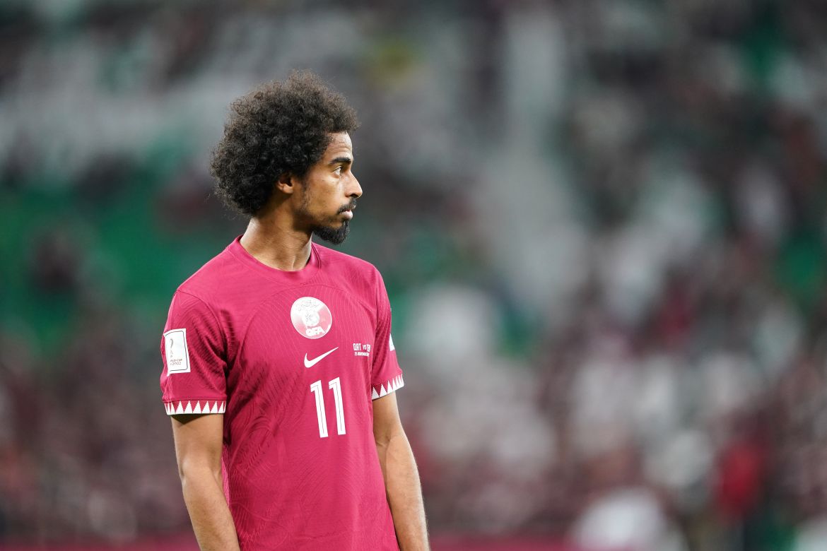 Qatar's Akram Afif during Qatar v Senegal, Group A, FIFA World Cup 2022, on November 25 in Al Thumama Stadium in Doha, Qata. r [Sorin Furcoi/Al Jazeera]