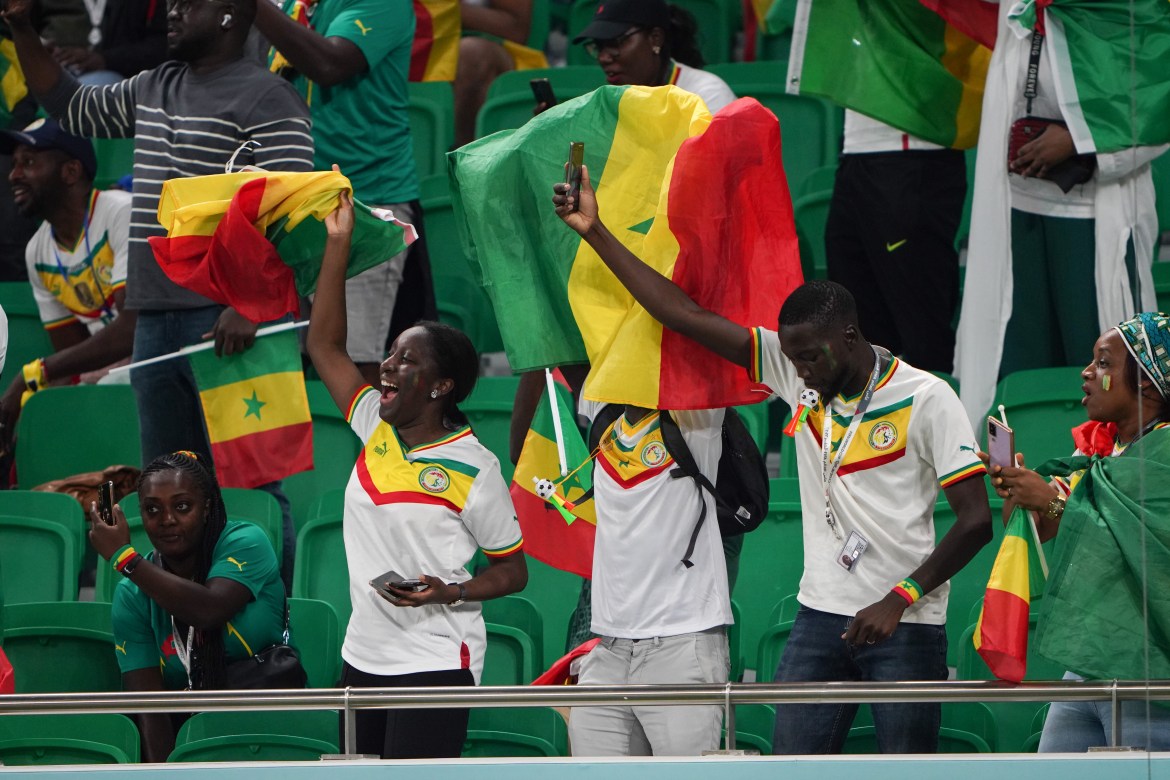 Excited Senegal fans cheer from the stands at Al Thumama stadium.