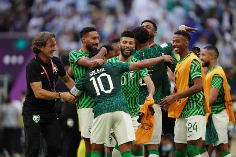 Saudi team celebrates after winning 1-2 in Argentina v Saudi Arabia, Group C, at Lusail stadium, FIFA World Cup 2022. November 22, Doha, Qatar [Sorin Furcoi/Al Jazeera]