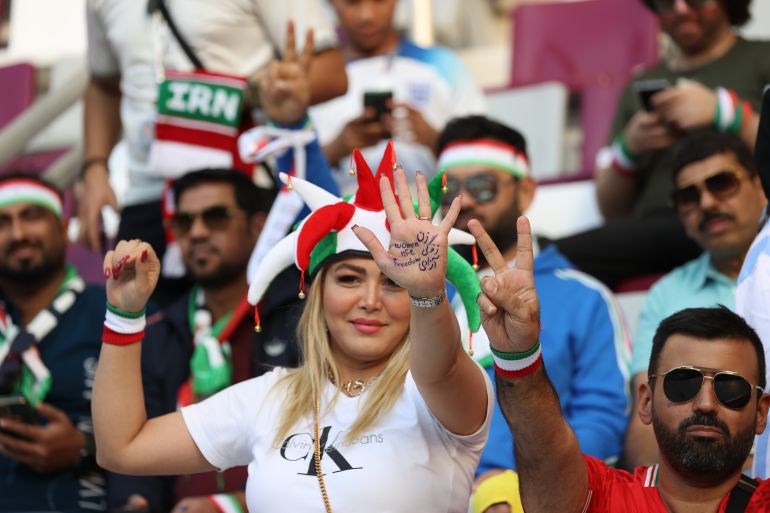 A fan protests at Khalifa International Stadium ahead of England v Iran, Group B, FIFA World Cup 2022. November 21, Doha, Qatar [Showkat Shafi/Al Jazeera]