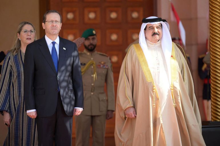 Bahrain's King Hamad bin Isa al-Khalifa receives Israeli President Isaac Herzog in the capital Manama