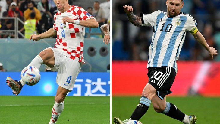 This combination picture made on December 12, 2022 shows Croatia's midfielder Ivan Perisic in Doha, on December 9, 2022 and Argentina's forward Lionel Messi Doha on December 3, 2022 during the Qatar 2022 World Cup.