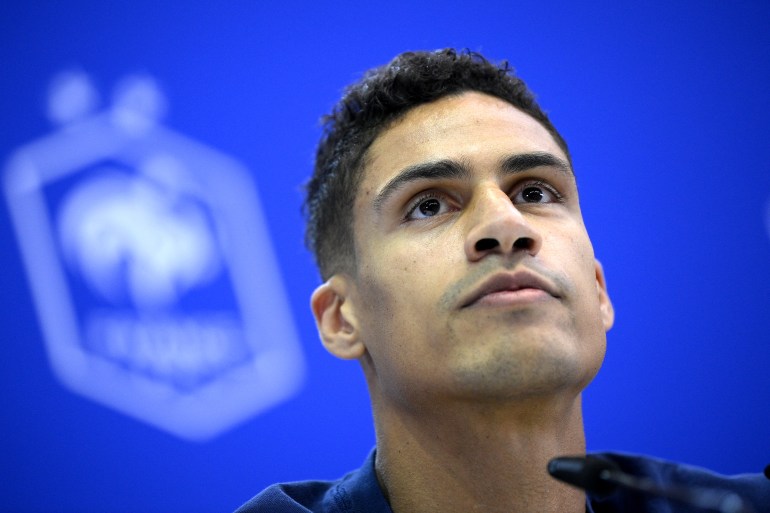 French defender Raphael Varane gives an interview to the press.