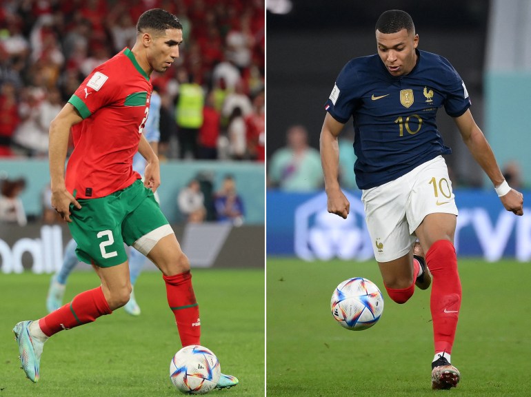 This combination picture created on December 12, 2022 shows Morocco's defender #02 Achraf Hakimi on December and France's forward #10 Kylian Mbappe kicking ball