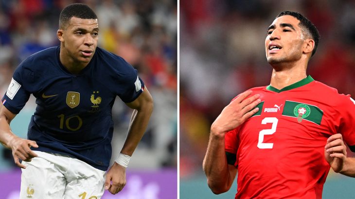 France's forward Kylian Mbappe and Morocco's defender Achraf Hakimi in action in a composite photo of the World Cup 2022 in Qatar.
