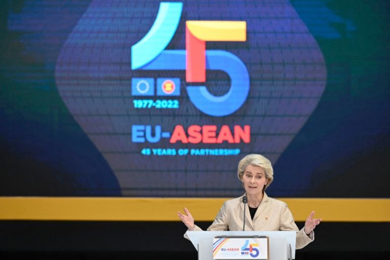 President of the European Commission Ursula von der Leyen delivers a speech at the EU-ASEAN (Association of Southeast Asian Nations) summit