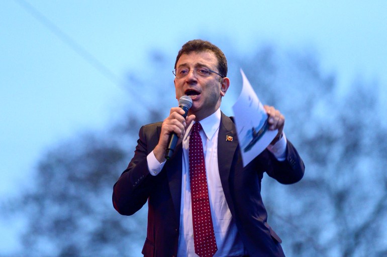 Istanbul Mayor Ekrem Imamoglu delivers a speech for his supporters during a protest in front of the Istanbul Metropolitan Municipality