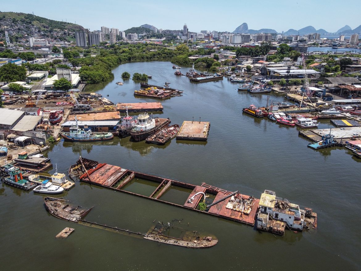 he remains of sunken ships in one of the access channels to Guanabara Bay