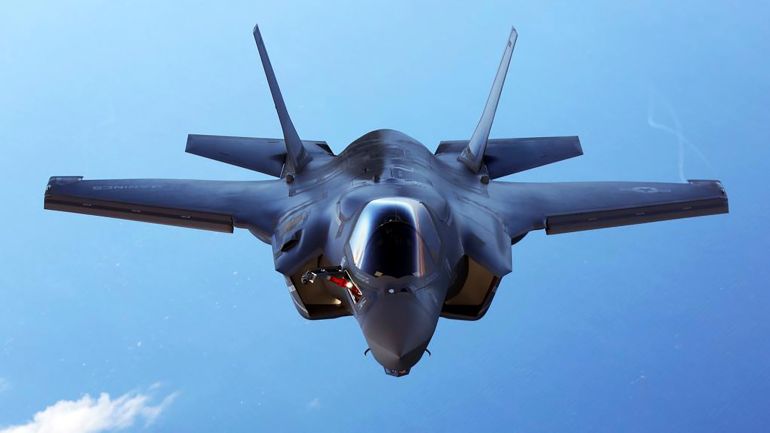 A US Marine Corps F-35B joint strike fighter jet during training over the Atlantic Ocean in this picture released in 2015 [File: US Marine Corps via Reuters]