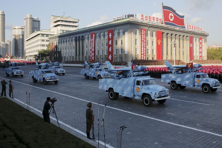 Trucks carry drones under a stand with North Korean leader Kim Jong Un and other officials during the parade celebrating the 70th anniversary of the founding of the ruling Workers' Party of Korea, in Pyongyang October 10, 2015. Isolated North Korea marked the 70th anniversary of its ruling Workers' Party on Saturday with a massive military parade overseen by leader Kim Jong Un, who said his country was ready to fight any war waged by the United States. REUTERS/James Pearson