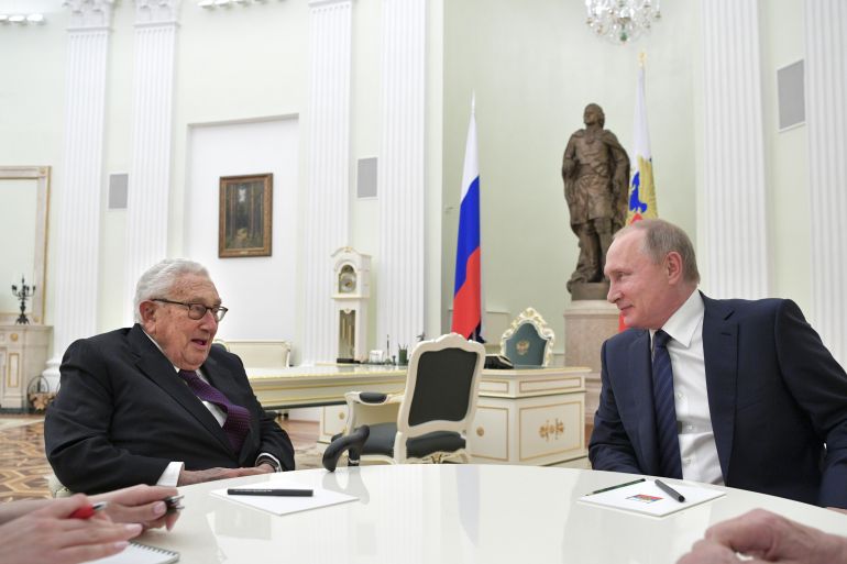 Russian President Vladimir Putin meets with former US Secretary of State Henry Kissinger at the Kremlin in Moscow, Russia in June 2017.