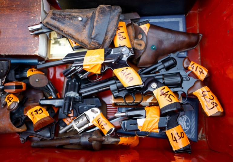 Undeclared firearms owned by residents are seen at a police station in Nice