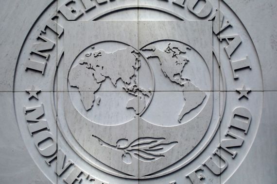 The International Monetary Fund logo is seen inside its headquarters in Washington, DC, the US.