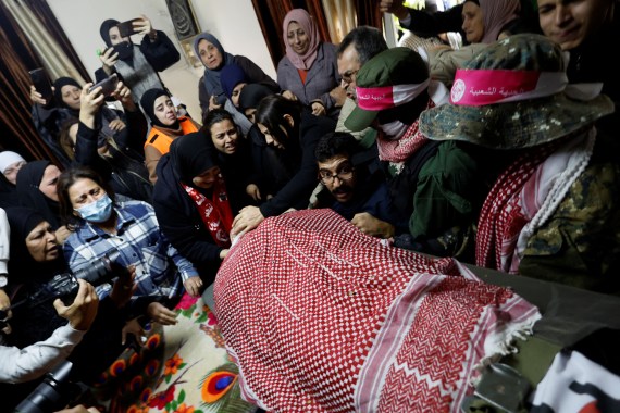 Mourners attend the funeral of Palestinian Omar Mana in Bethlehem, in the Israeli-occupied West Bank,
