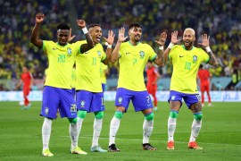 Elaborate coordinated dance routines have become a feature of Brazil&#39;s goal-scoring celebrations, as demonstrated here by Neymar, Vinicius Jr, Raphinha and Lucas Paqueta [Carl Recine/Reuters]