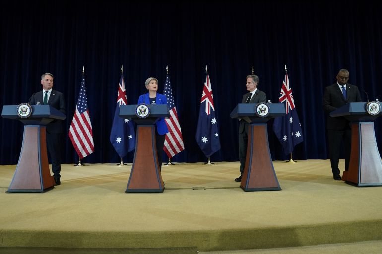 Australian Deputy Prime Minister and Defense Minister Richard Marles, Australian Foreign Minister Penny Wong, US Secretary of State Antony Blinken and US Secretary of Defense Lloyd Austin hold a news conference in Washington, DC.