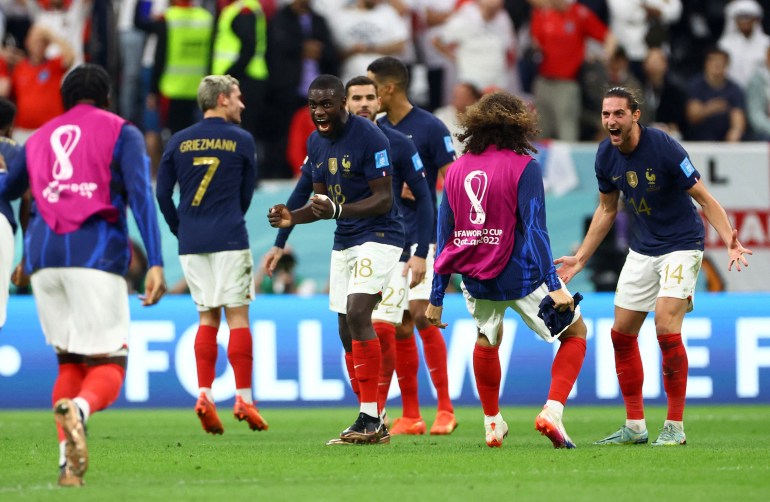 Dayot Upamecano, Adrien Rabiot and teammates celebrate after the match as France progress to the semi finals REUTERS/Hannah Mckay