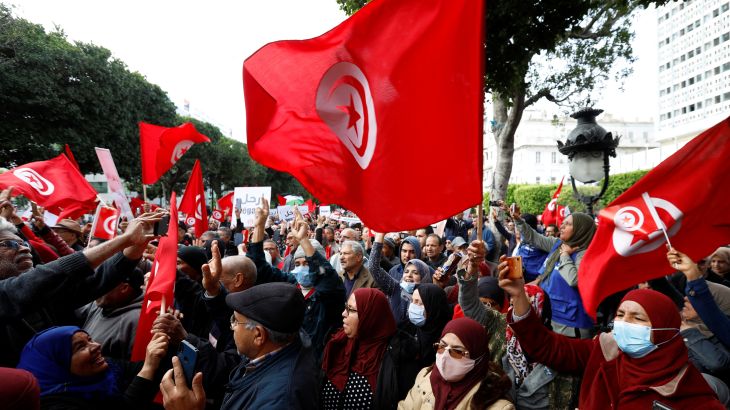 Supporters of Tunisian opposition groups protest against the upcoming parliamentary election in Tunis, Tunisia December 10, 2022. REUTERS/Zoubeir Souissi