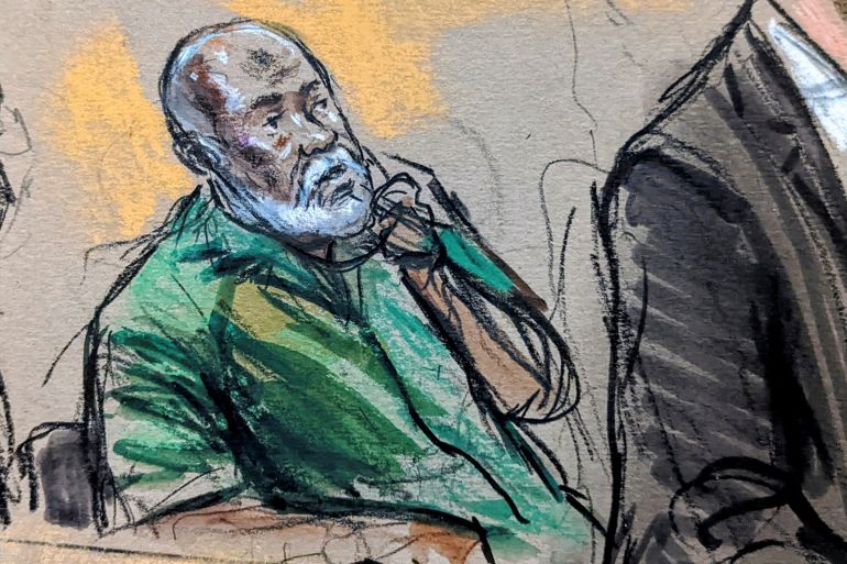 Abu Agila Mohammad Mas'ud Kheir Al-Marimi, also known as Mohammed Abouajela Masud, accused of making the bomb that blew up Pan Am flight 103 over Lockerbie in Scotland in 1988, is shown listening in this courtroom sketch drawn during an initial court appearance in U.S. District Court in Washington, U.S.
