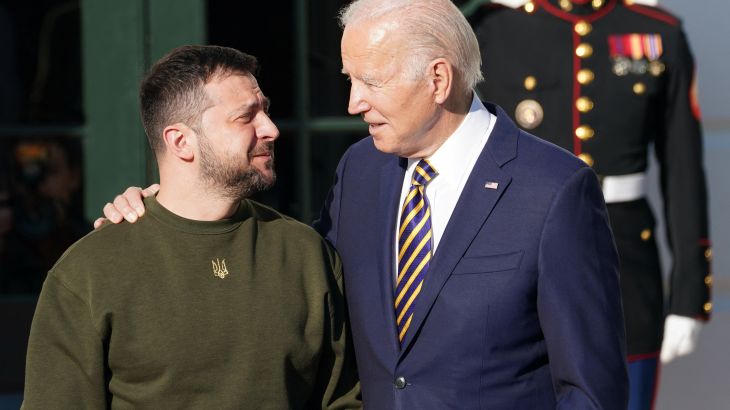 U.S. President Joe Biden welcomes Ukraine's President Volodymyr Zelenskiy on the South Lawn at the White House