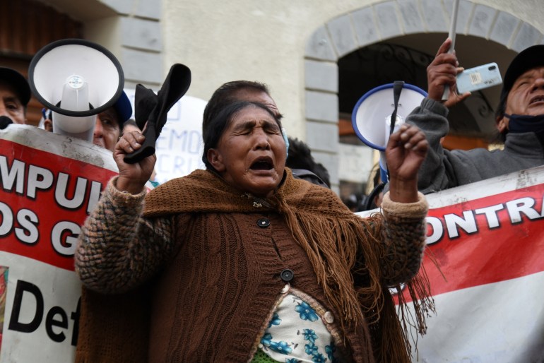 Een demonstrant schreeuwt tijdens een demonstratie in Bolivia