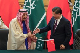 Chinese President Xi Jinping, right, shakes hands with Saudi King Salman in Beijing, China, on Thursday, March 16, 2017. Xi is visiting Saudi Arabia for several days from December 7, 2022 [Lintao Zhang/Pool Photo via AP]