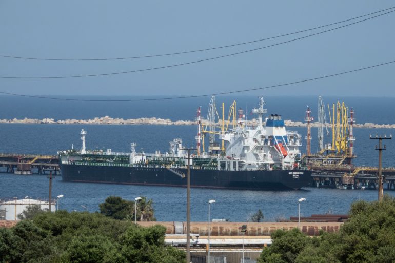 The San Sebastian oil tanker is moored at the docks of the ISAB refinery in Priolo-Gargallo near Syracuse, Sicily.