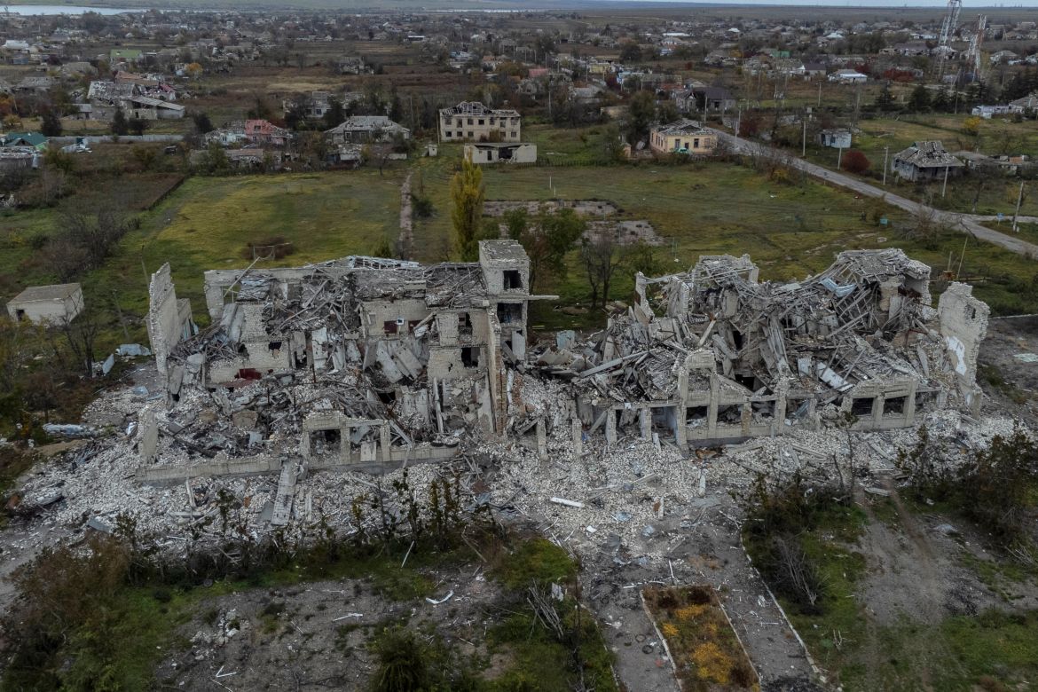 Remains of a destroyed school are visible on the outskirts of a recently liberated Oleksandrivka village on the outskirts of Kherson, in southern Ukraine, Wednesday, Nov. 16, 2022. (AP Photo/Bernat Armangue)