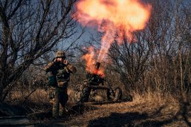Ukrainian soldiers fire French MO-120-RT-61 120mm mortar at Russian positions on the front line near Bakhmut, Donetsk region, December 6, 2022