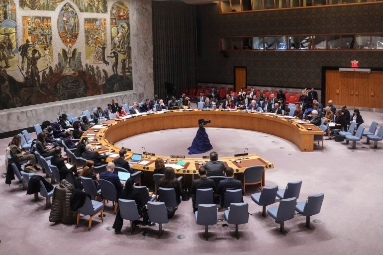 A view of the UN Security Council as diplomats from the 15 member countries discuss the humanitarian situation in Ukraine