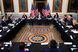 &#39;Words matter,&#39; says Doug Emhoff during a roundtable discussion with Jewish leaders about the rise in anti-Semitism [Patrick Semansky/AP Photo]